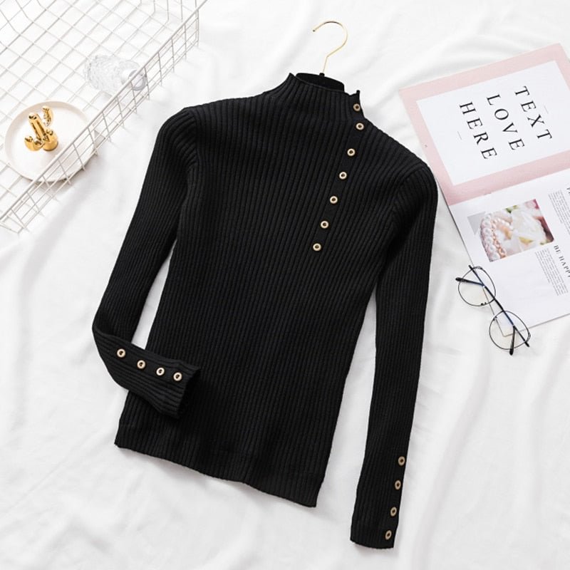 Women Office Lady Front Buttons Fleece Knitted Sweater Long Sleeve Mock Neck Solid Slim Pullover 2021 Winter New Fashion Tops
