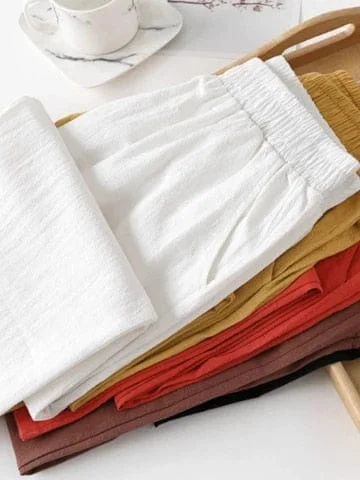 Pornhint Plus Size Women Cotton Pants Summer Elastic Waist Loose Casual White Harem Pants Women's Pocket Cotton Linen Trousers