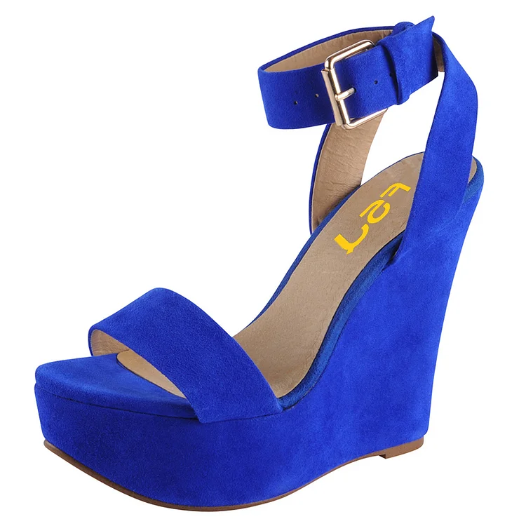 Women's Royal Blue Platform Ankle Strap Slingback Wedge Sandals |FSJ Shoes