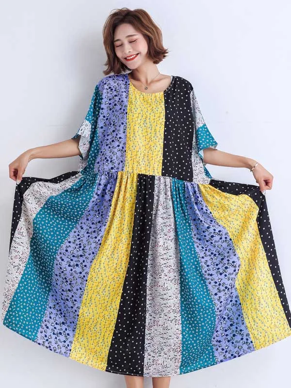 Original Falbala Print Split-Joint Round-Neck Midi Dress