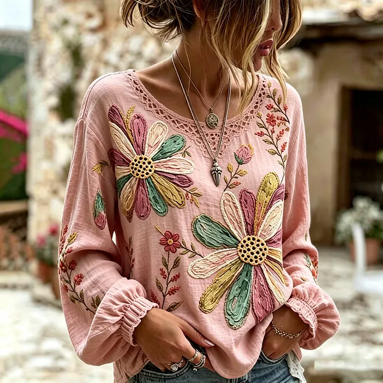 Women's Floral Art Print Flowy Linen Blend Linen Blend Long Sleeve Casual Tops