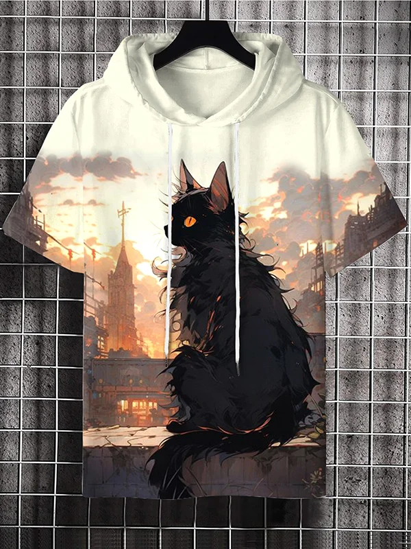 Men's Retro Mystical Medieval Black Cat Watercolor Art Print Hooded T-Shirt