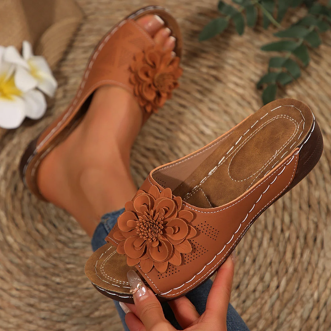 Damen-Blumen-Keil-Sandalen-Open-Toe-Slip-Ons für lässige Sommer ausflüge
