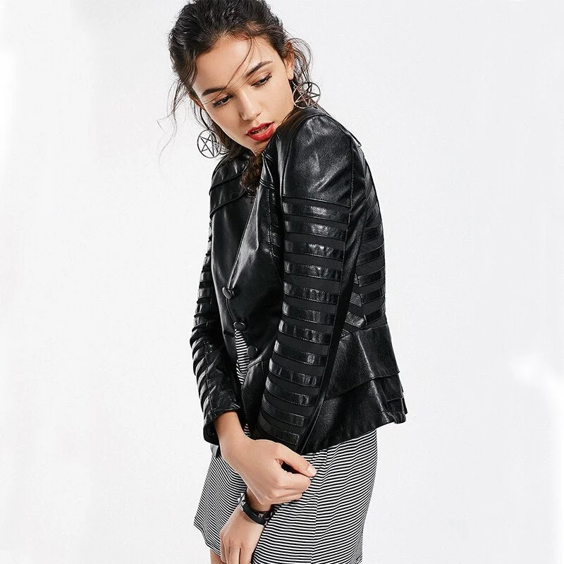 Ftlzz Spring Autumn Winter New Leather Women Jacket Long Sleeve Patchwork black Coat Zipper Design Motorcycle PU Jacket
