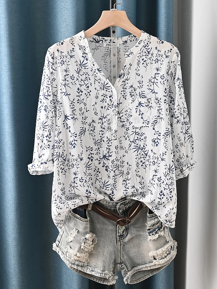 Women's Lightweight Floral V-Neck Blouse - Casual 3/4 Sleeve Loose Fit, Button-Up Shirt With Round Neckline, Perfect For Summer Outings, Relaxed Fit Top | Relaxed Style Shirt | Stylish Buttonu