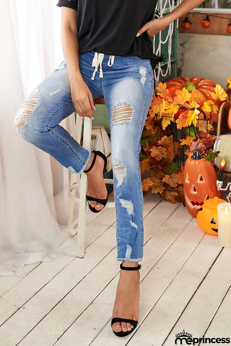 Drawstring Elastic Waist Hole Ripped Jeans