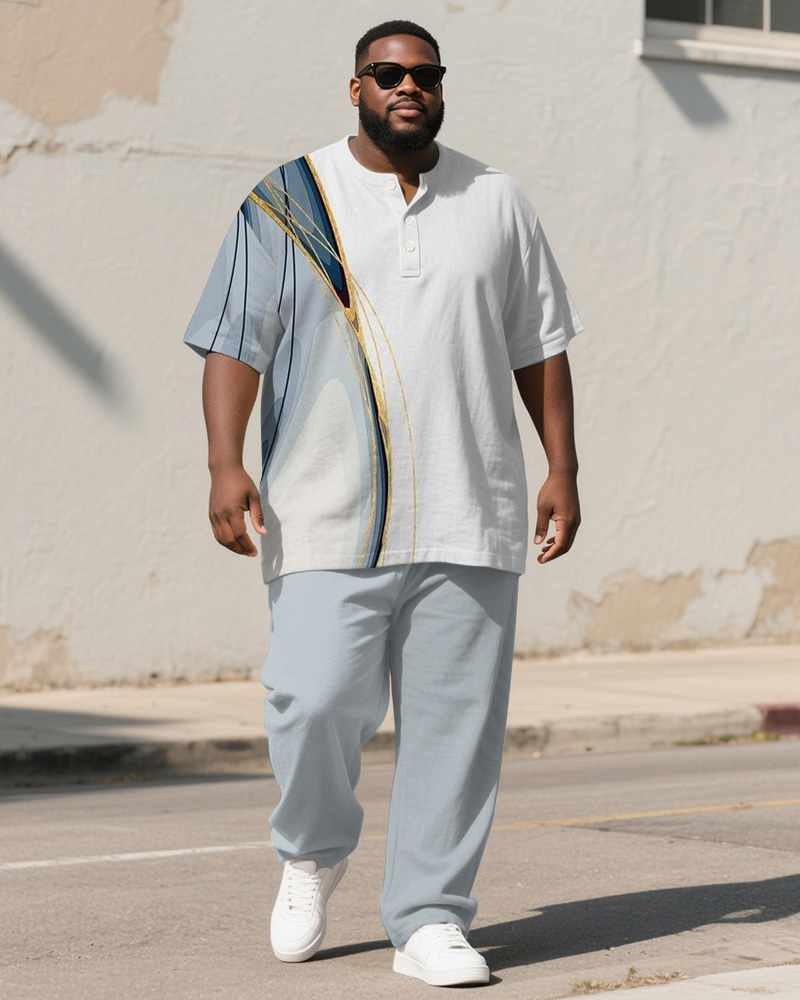 Men's Plus Size Blue And White Color-block Gradient Line Print Henry Collar T-shirt Trousers Suit