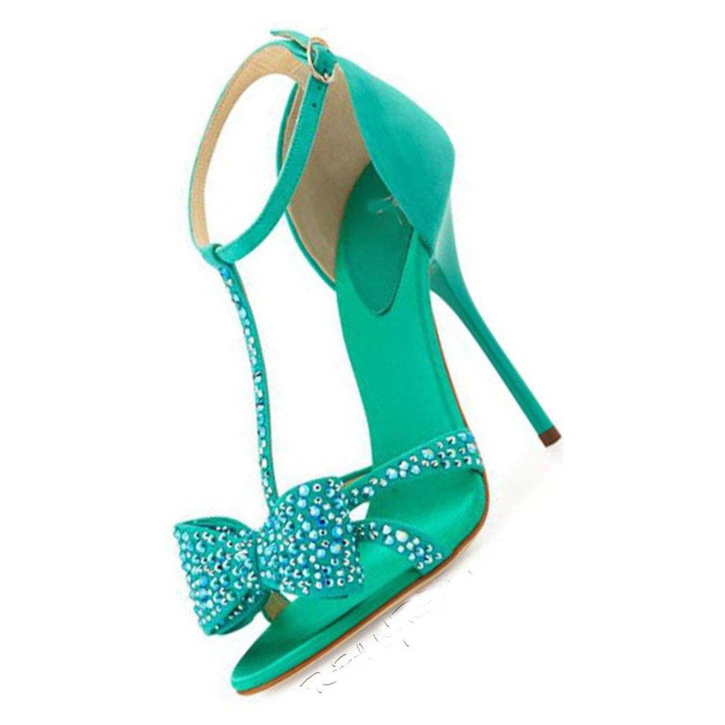 TAAFO Diamond Bowknot Stiletto Heel Peep-toe Ankle Strap High Heel Sandals