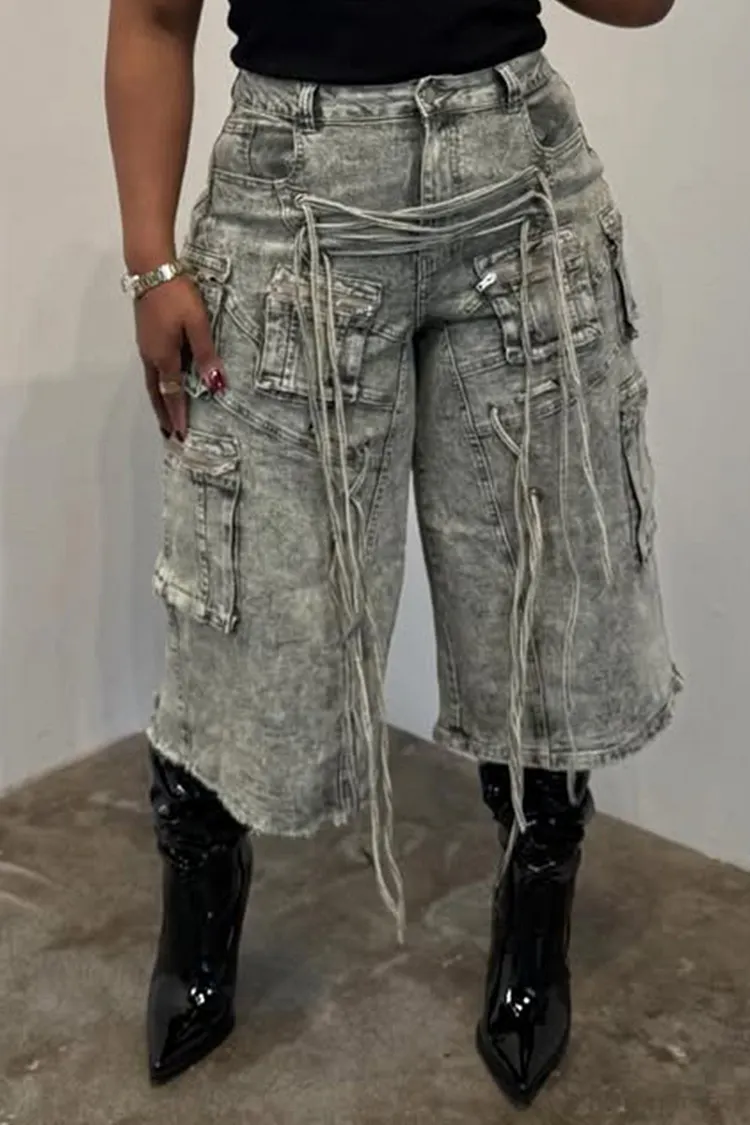 Plus Size Daily Casual Grey Cargo Denim Jeans [Pre-Order] 2024 - Xpluswear