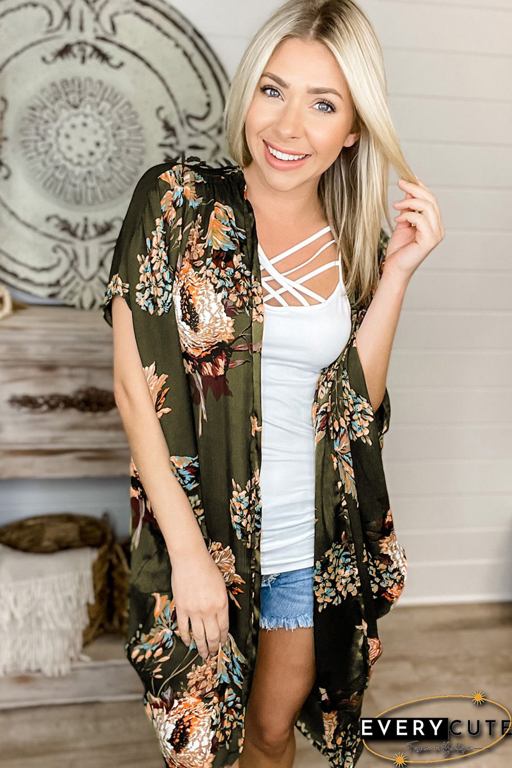 Olive Floral Print Kimono