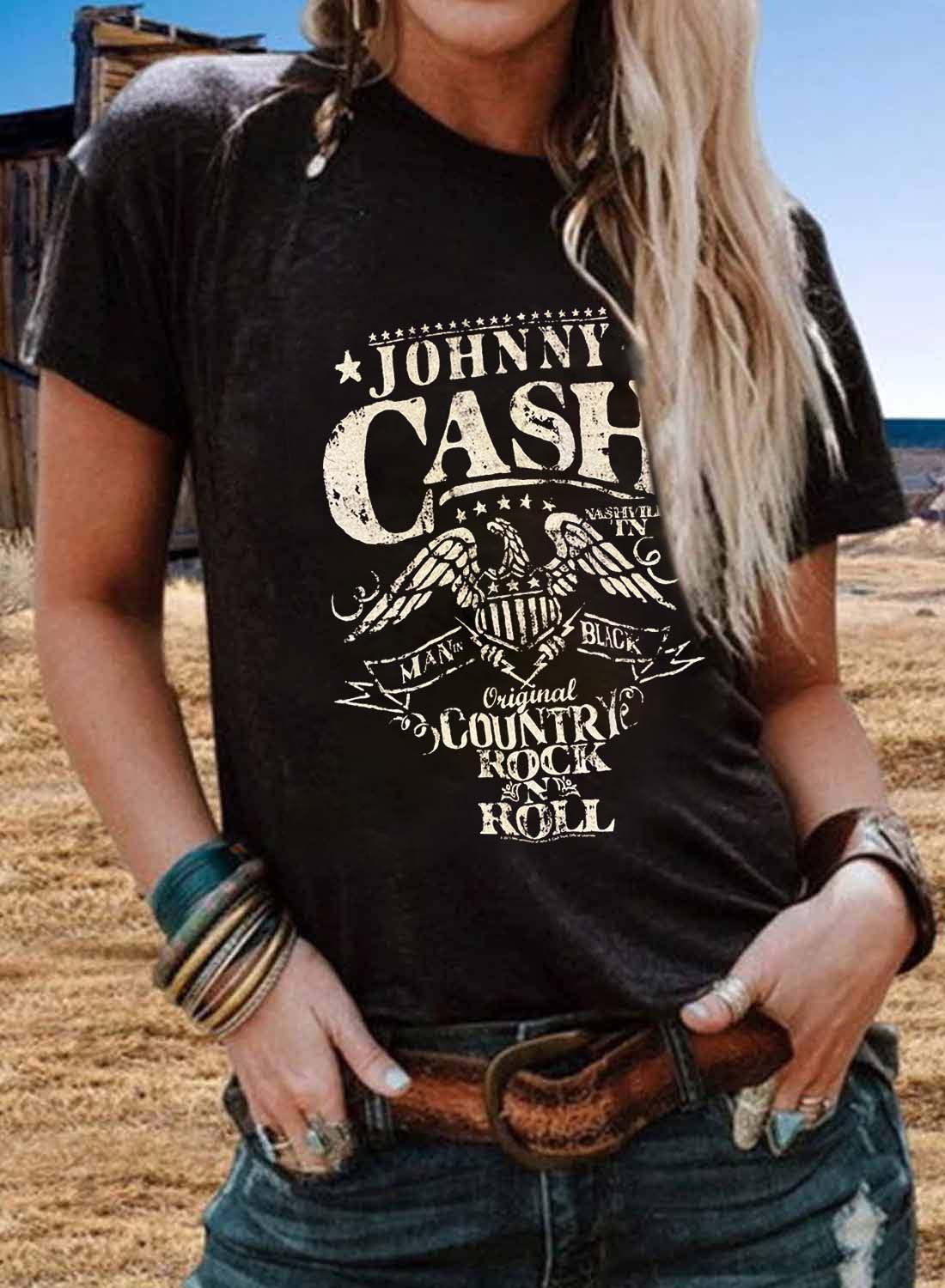Women's Vintage T-shirts Johnny Cash Color Block Round Neck Short ...