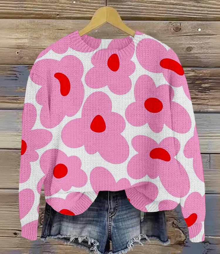 Vintage Lovely Flower Art Print Knit Pullover Sweater