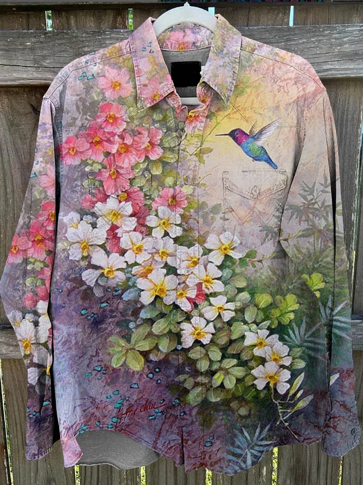 Unisex Floral Hummingbird Print Casual Shirt