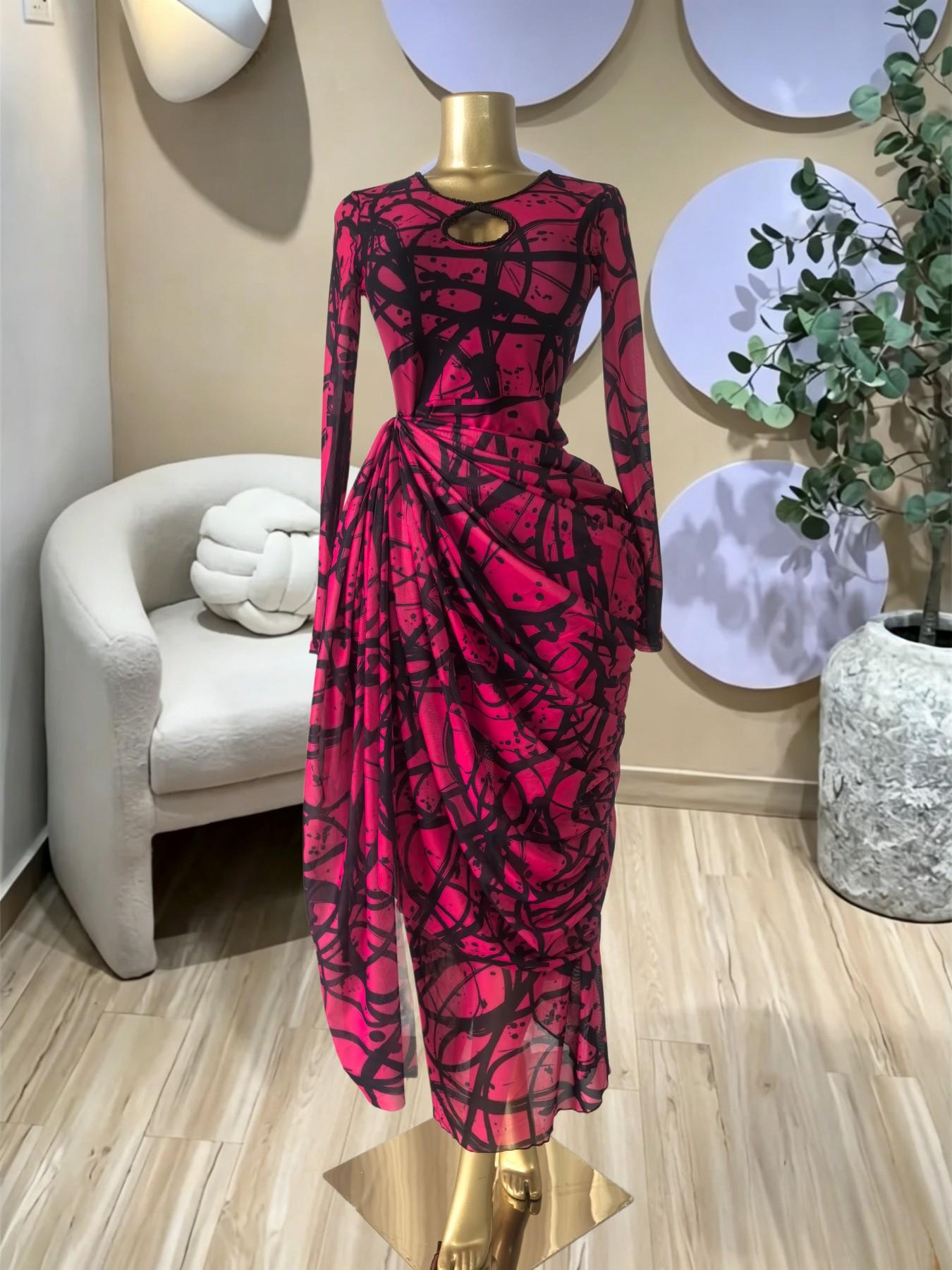 PULKRITU Elegant Women's Striped Pleated Long Sleeve Bodycon Maxi Prom Dress, Formal Wear, Fashion Birthday Party Outfit Evening Gown, Perfect for Special Occasions,Lady Casual Dress,Female Brunch Dresses,Graduation Dress, Print