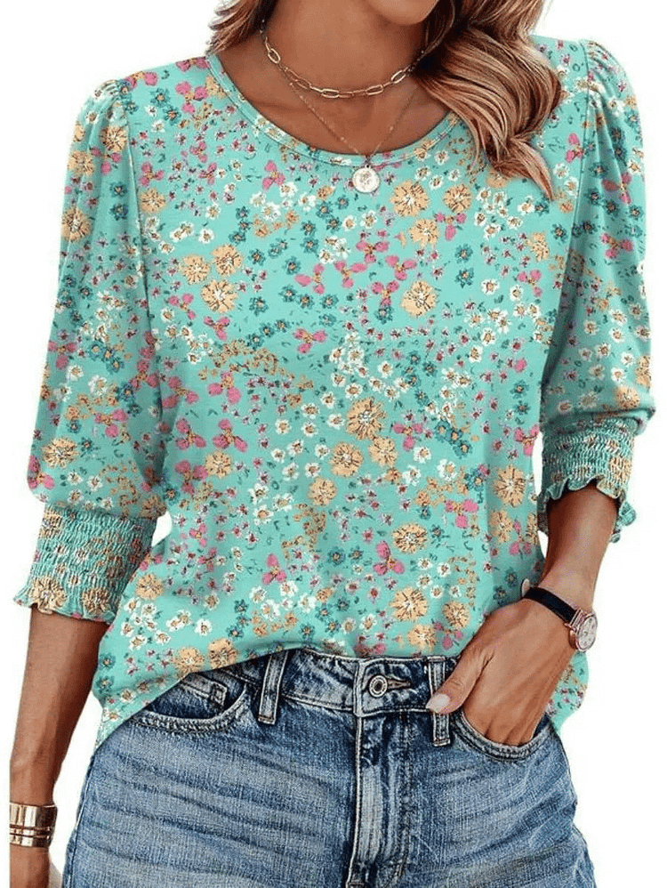 Hot Sale-Women Dressy Casual 3/4 Length Sleeve Blouses with Smocked Cuffs 