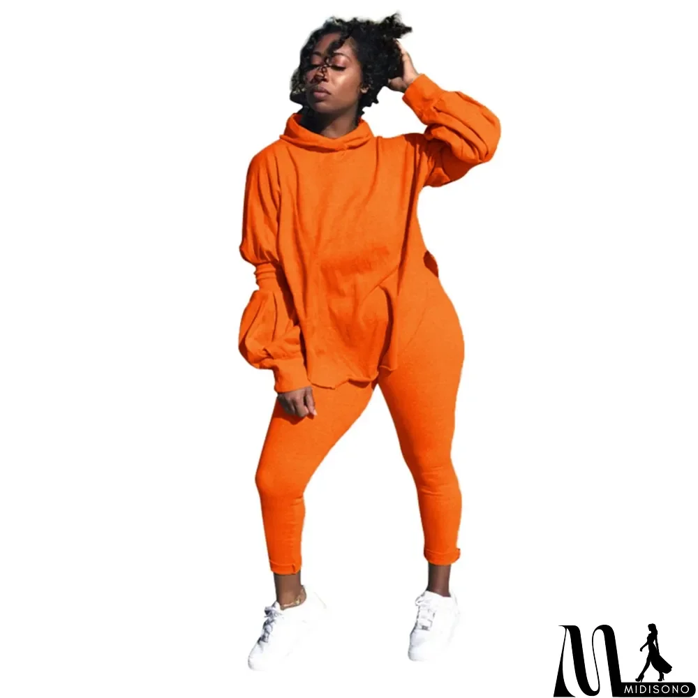 MidiSono - Autumn Solid Plain Matching Casual Hoody Top and Pants Set