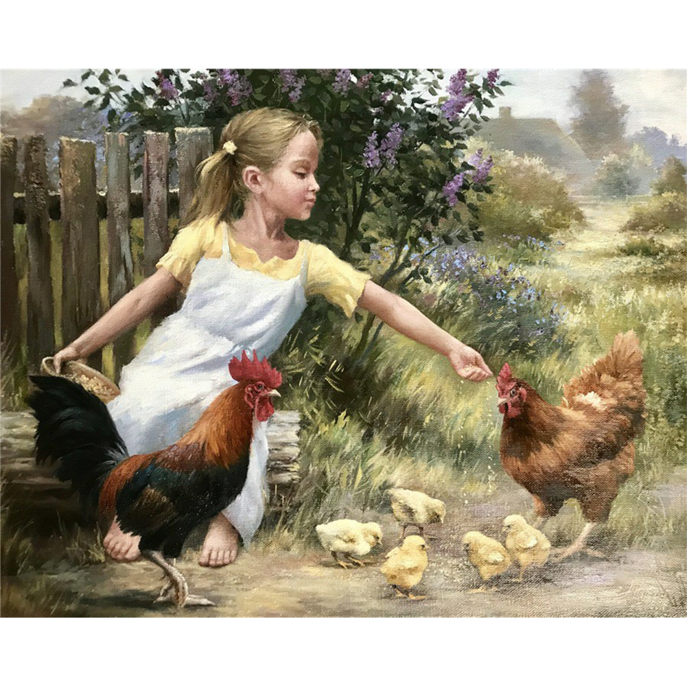 

40*30CM-Girl Feeding Chickens-Round Drill Diamond Painting, 501 Original