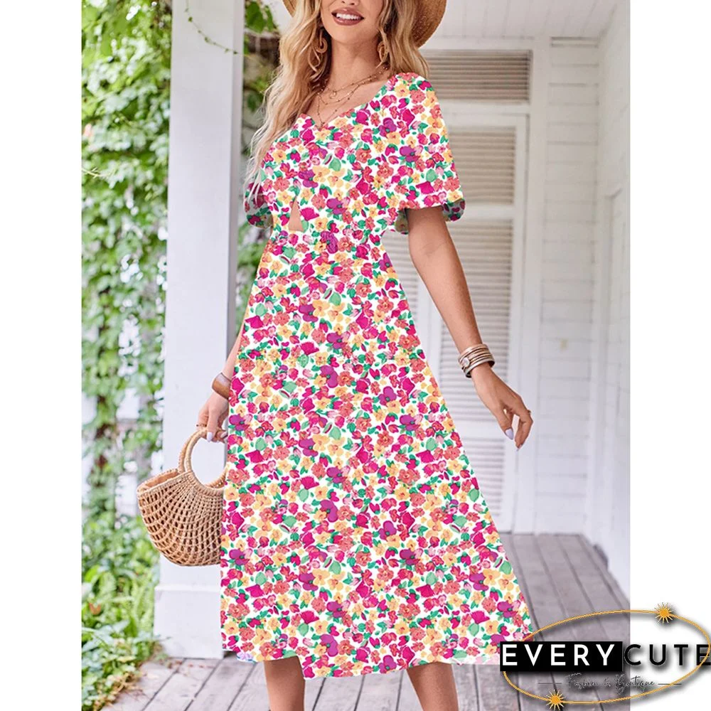Pink Puff Sleeves Back Pleated Floral Dress