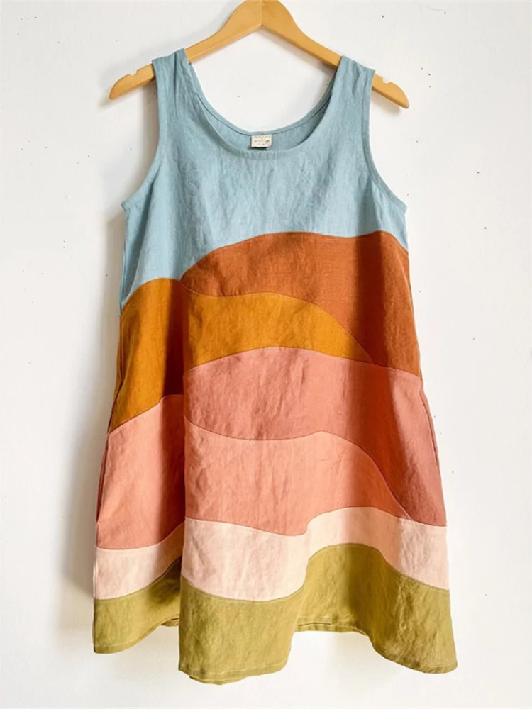 Simpfit Sunny Earthy Landscape Colorblock Patchwork Leinen-Tankkleid