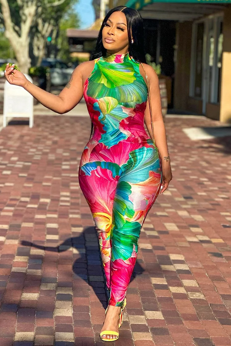 Floral Print Mock Neck Sleeveless Bodycon Party Jumpsuit-Green [Pre Order]
