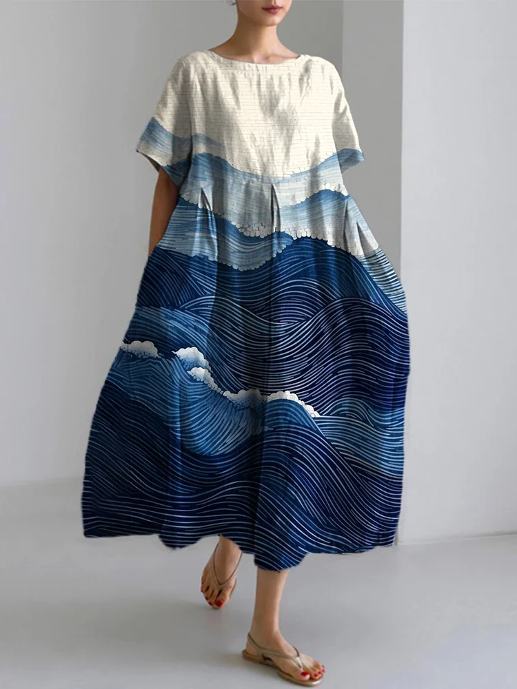 Comstylish Vintage Japanese Art Sea Wave Linen Blend Maxi Dress