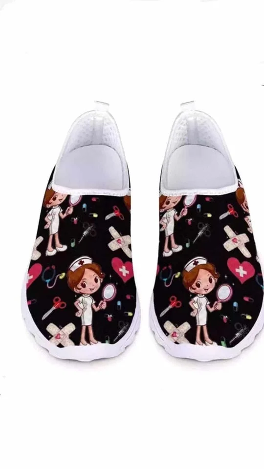 Comemore Cute Cartoon Nurse Women Slip On Sneakers Dentist Mesh Ladies Shoes Light Casual Summer Moccasin Autumn Loafers White