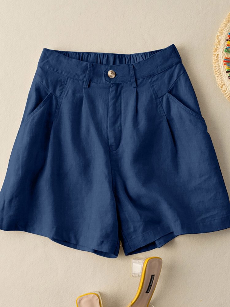 Cotton Solid Pocket Ruched Button Casual Shorts - Shop Trendy Women's Fashion | TeeYours
