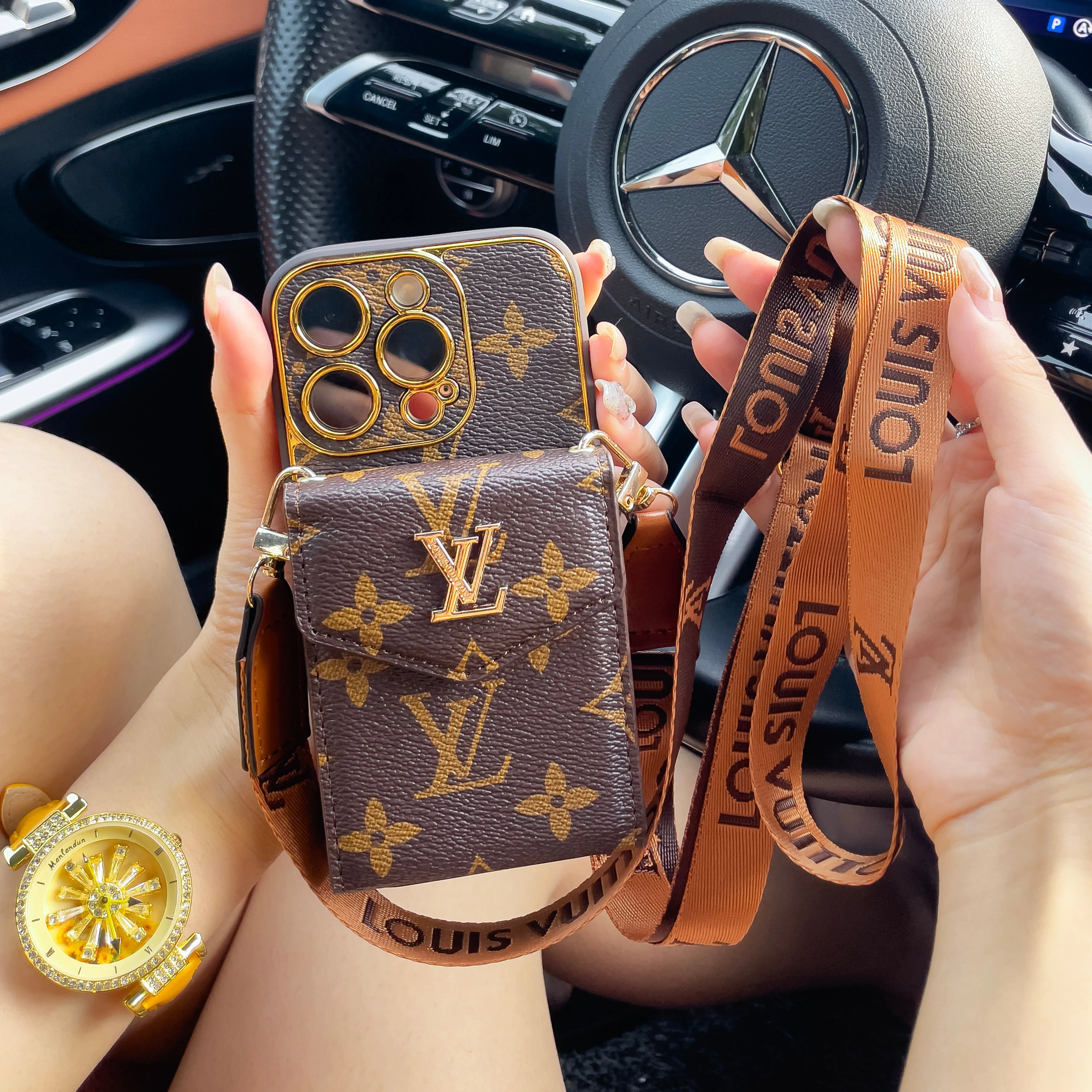 Luxury LV Monogram Crossbody Wallet Phone Case with Detachable Strap & Accordion Card Holder
