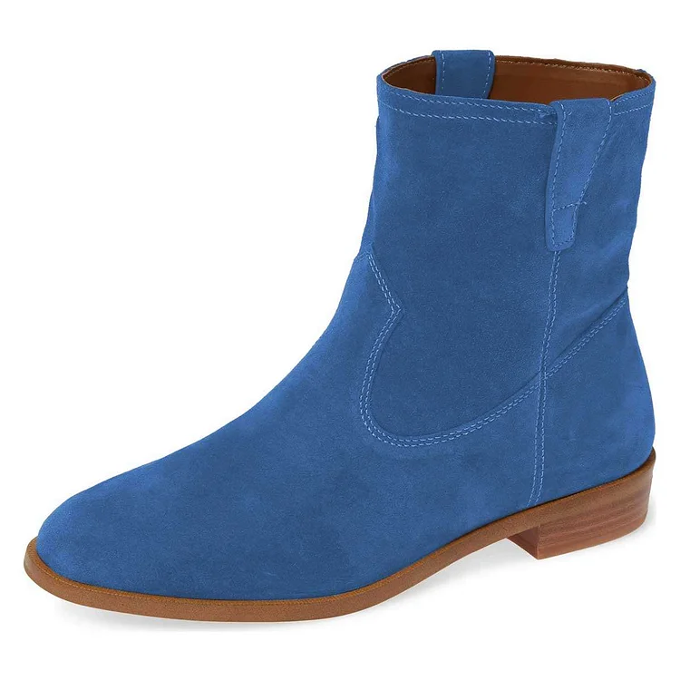 Blue Vegan Suede Round Toe Flat Ankle Boots |FSJ Shoes
