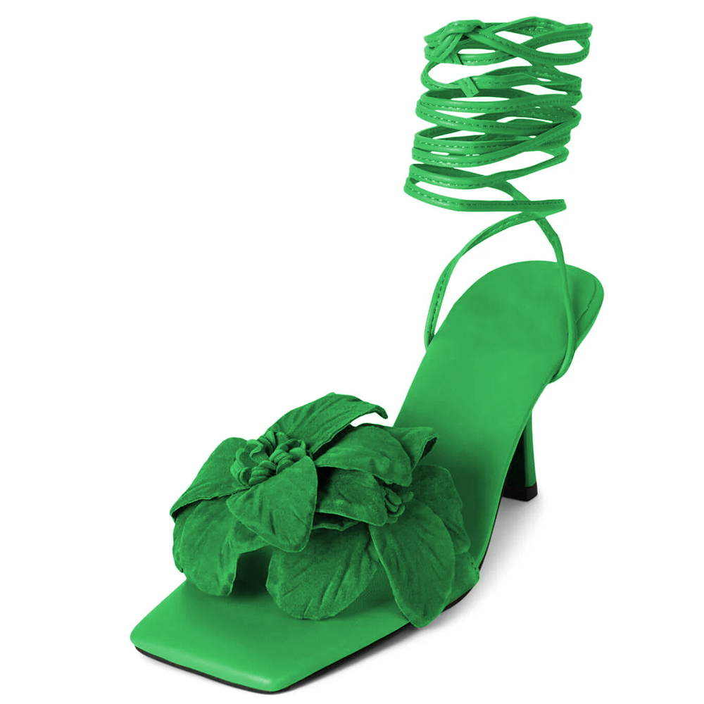 Green Square Toe Stiletto Heel Lace Up Flower Sandals Nicepairs