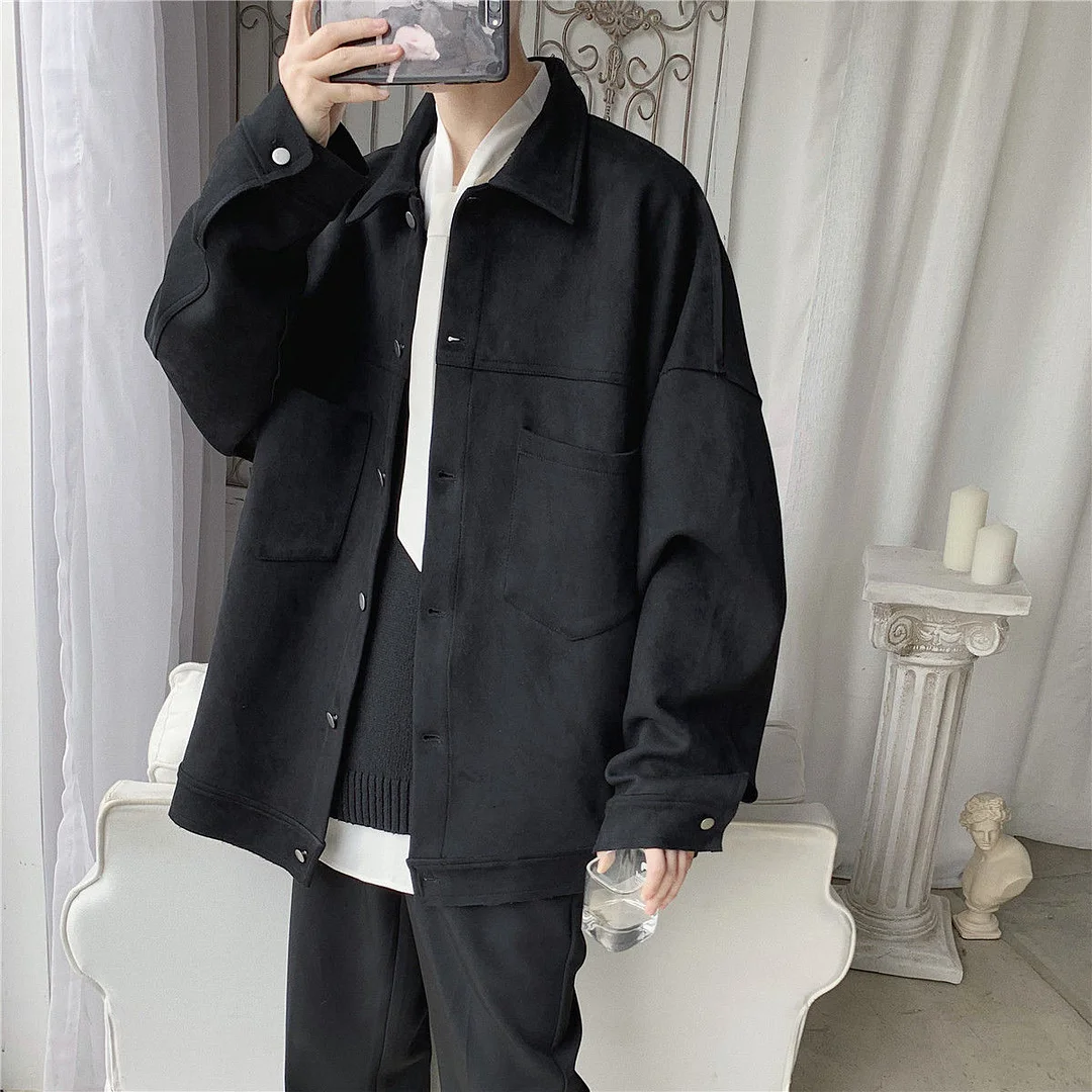 Aonga Men's Solid Oversized Suede Jackets Korean Style Men Casual Loose Coats  Autumn New Men's Fashion Outerwear