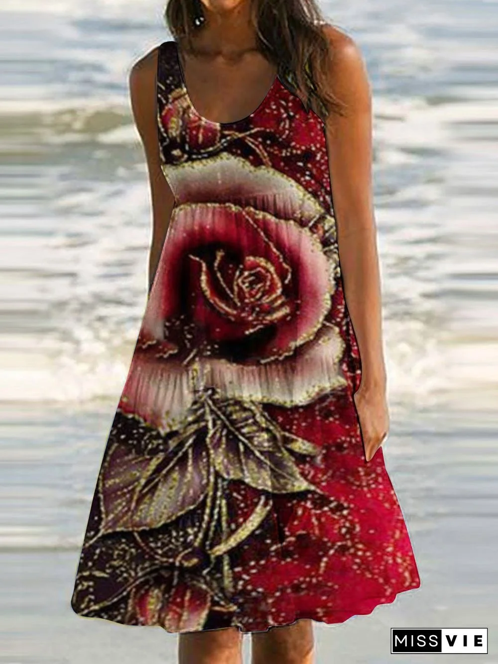 Women'S Dresses Butterfly Print Crew Neck Sleeveless Dress