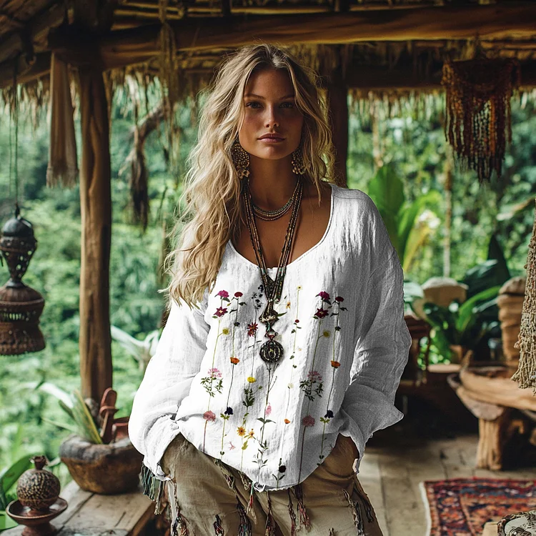 Utbros Retro Bohemian Resort Floral Pattern Art Embroidery Print Cotton And Linen Blend Loose Blouse