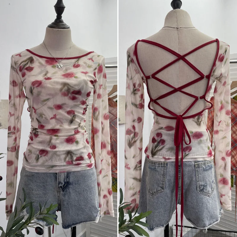 Uveng Vintage Print Repair Body Clothes Bump Color Mesh Strapd To The Big Bare Back Long-Sleeved Bottom Shirt T-Shirt 9939