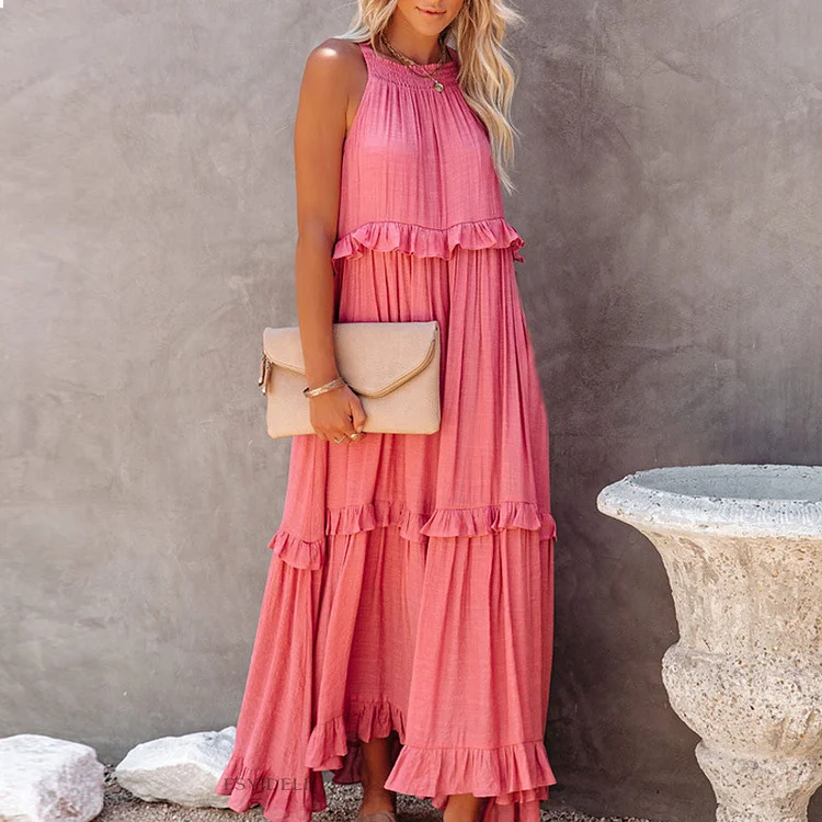 Halter Pocketed Cake Style Maxi Dress