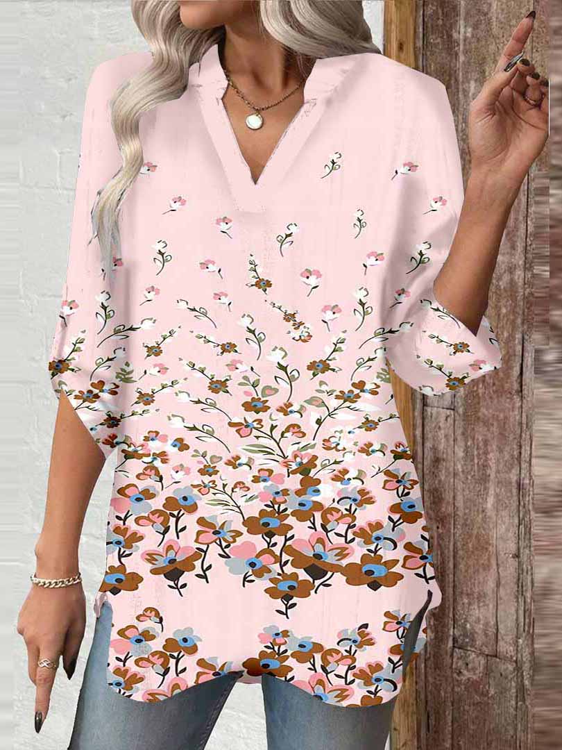 Women Floral, Pink, Colorful DZGA0747 3/4 Sleeve V-neck Printed Graphic Button Tops