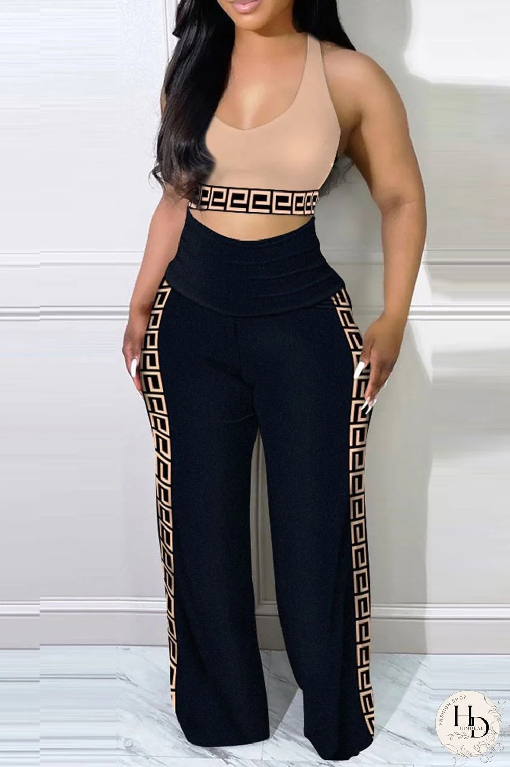 Black Sexy Casual Print Patchwork U Neck Sleeveless Two Pieces