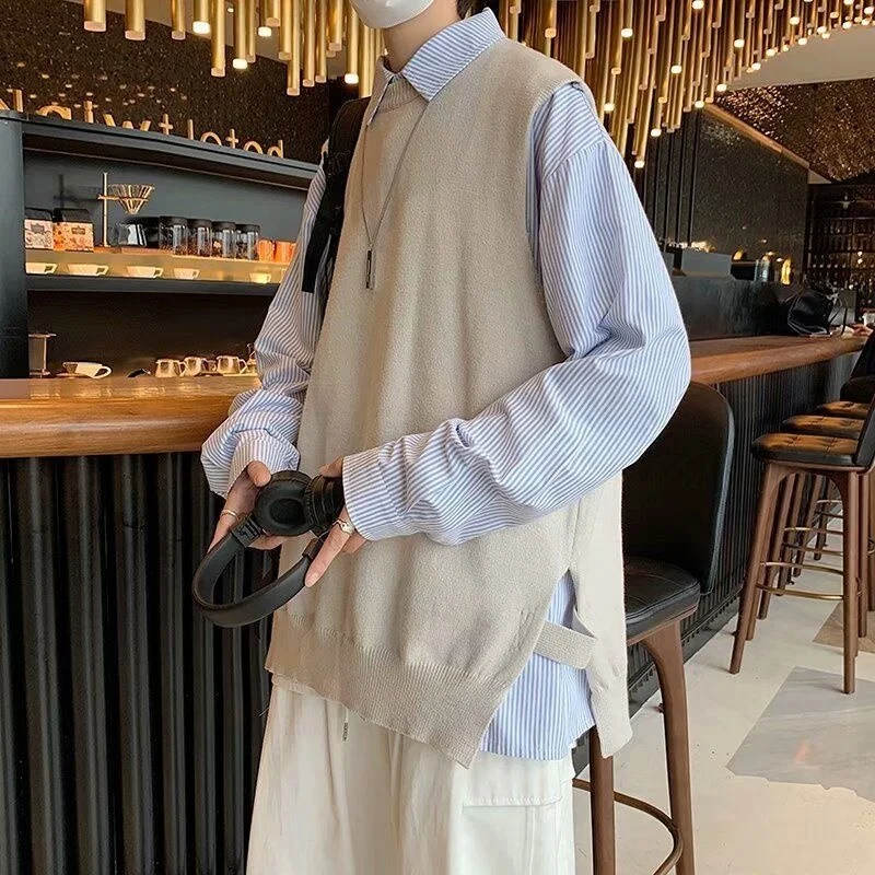 Knitted Vest Men's Spring Korean Fashion Ins Sweater Loose New 2022 Recommend Couples  Pure Color Leisure Autumn Winter