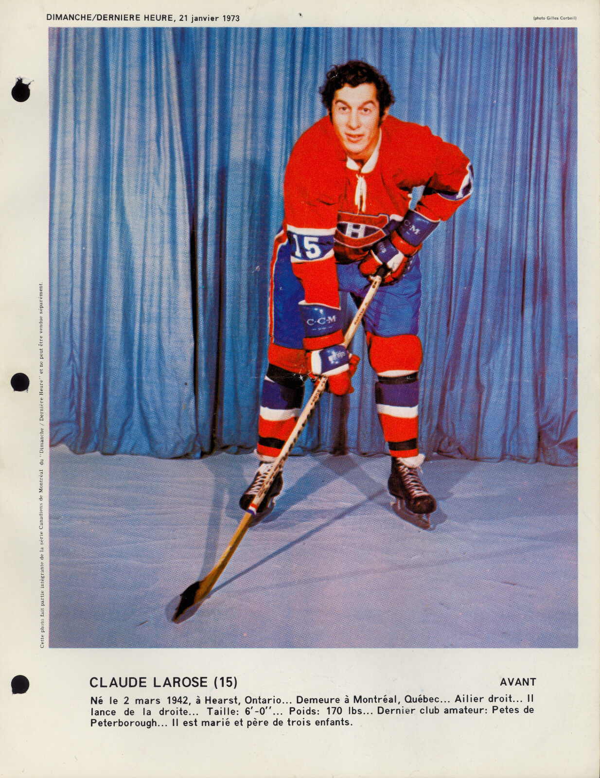 1973 Claude Larose RC year MONTREAL CANADIENS EX+ DIMANCHE DERNIERE 8X11 Photo Poster painting