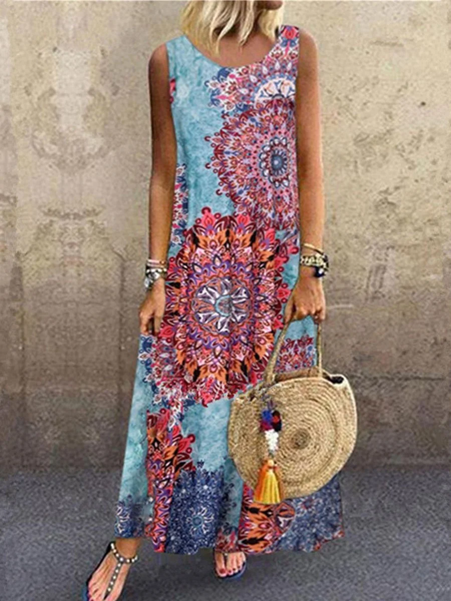 Printed round neck sleeveless Dress