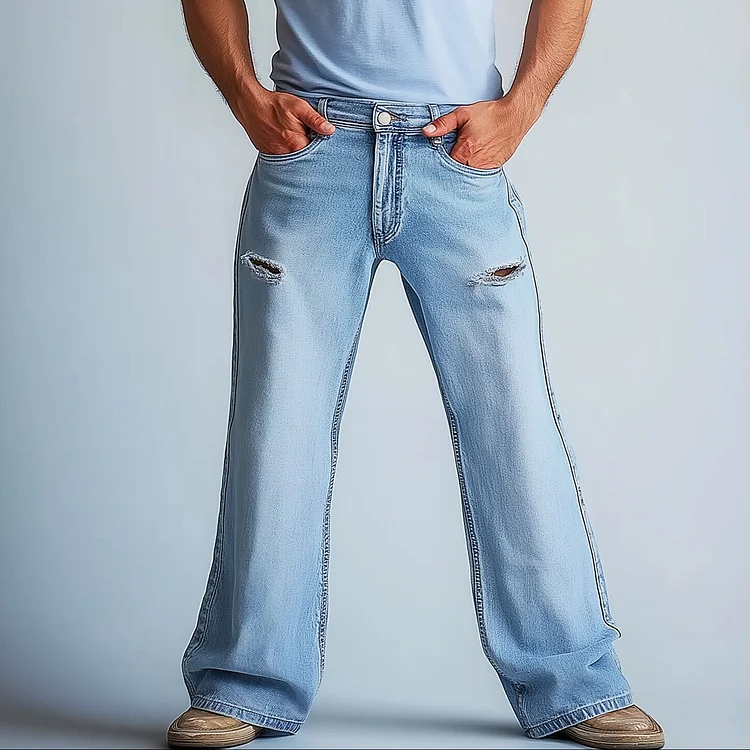 Men's Mid Rise Pocket Straight Leg Ripped Denim Jeans