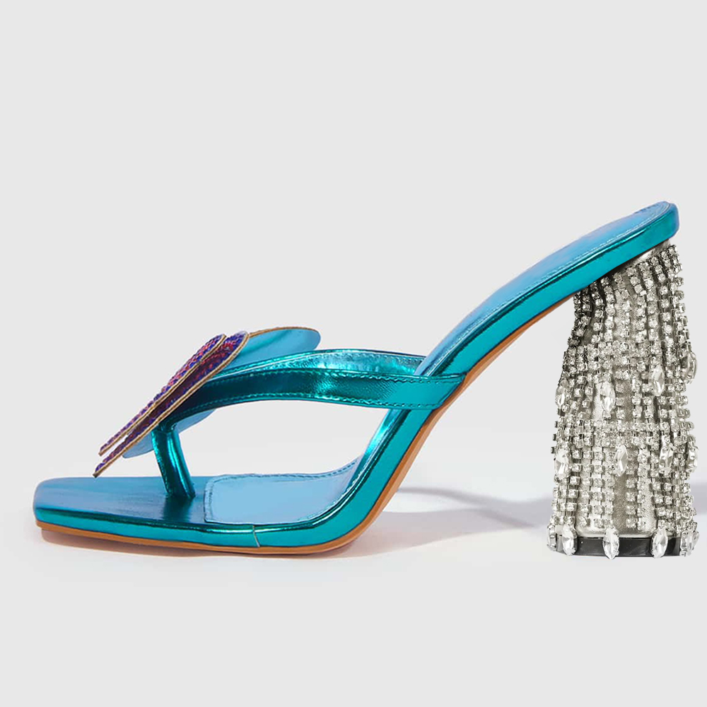 Blue Square Toe 4'' Decorative Heel Rhinestone Mules with Butterfly Nicepairs