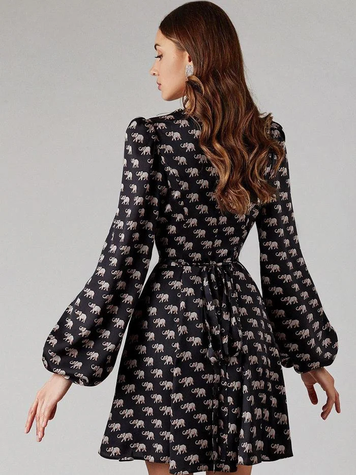 Fashion Sexy V-neck Lantern Sleeve Satin Printed Dress