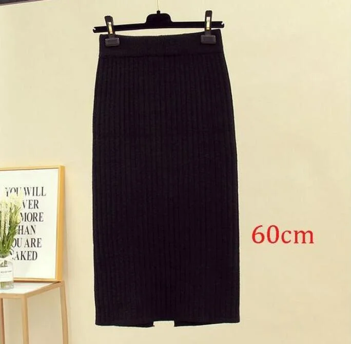 2020 Women's Spring Pencil Knitted Skirt High Waist Warm Elegant Knitting Ribbed Party Skirt Black Solid Ladies Office Skirts
