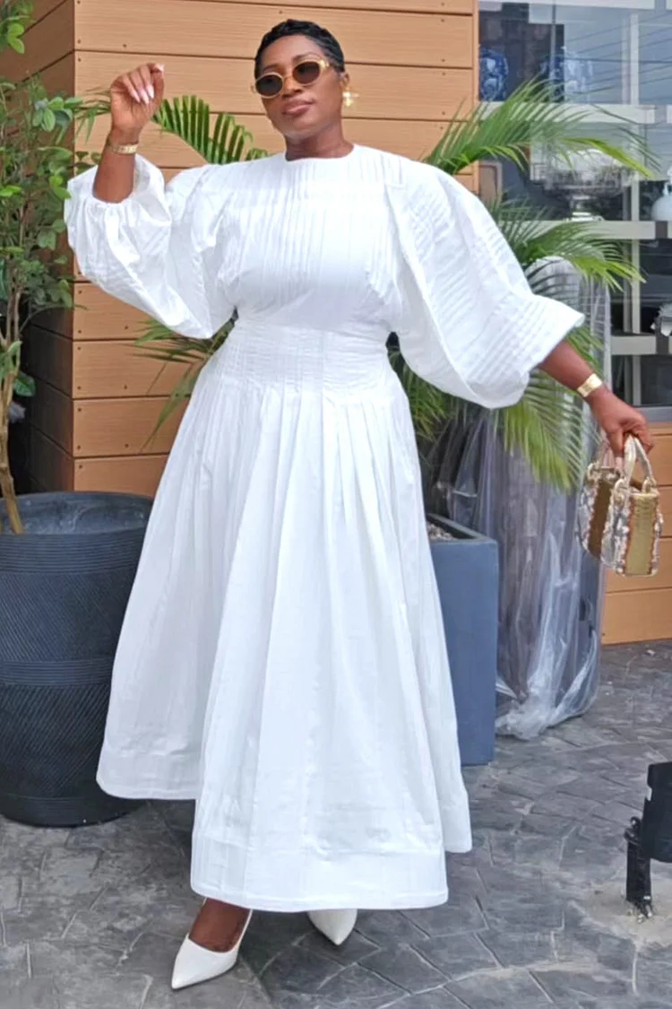 3/4 Lantern Sleeve Cinched Pleated Daily Maxi Dresses-White [Pre Order]