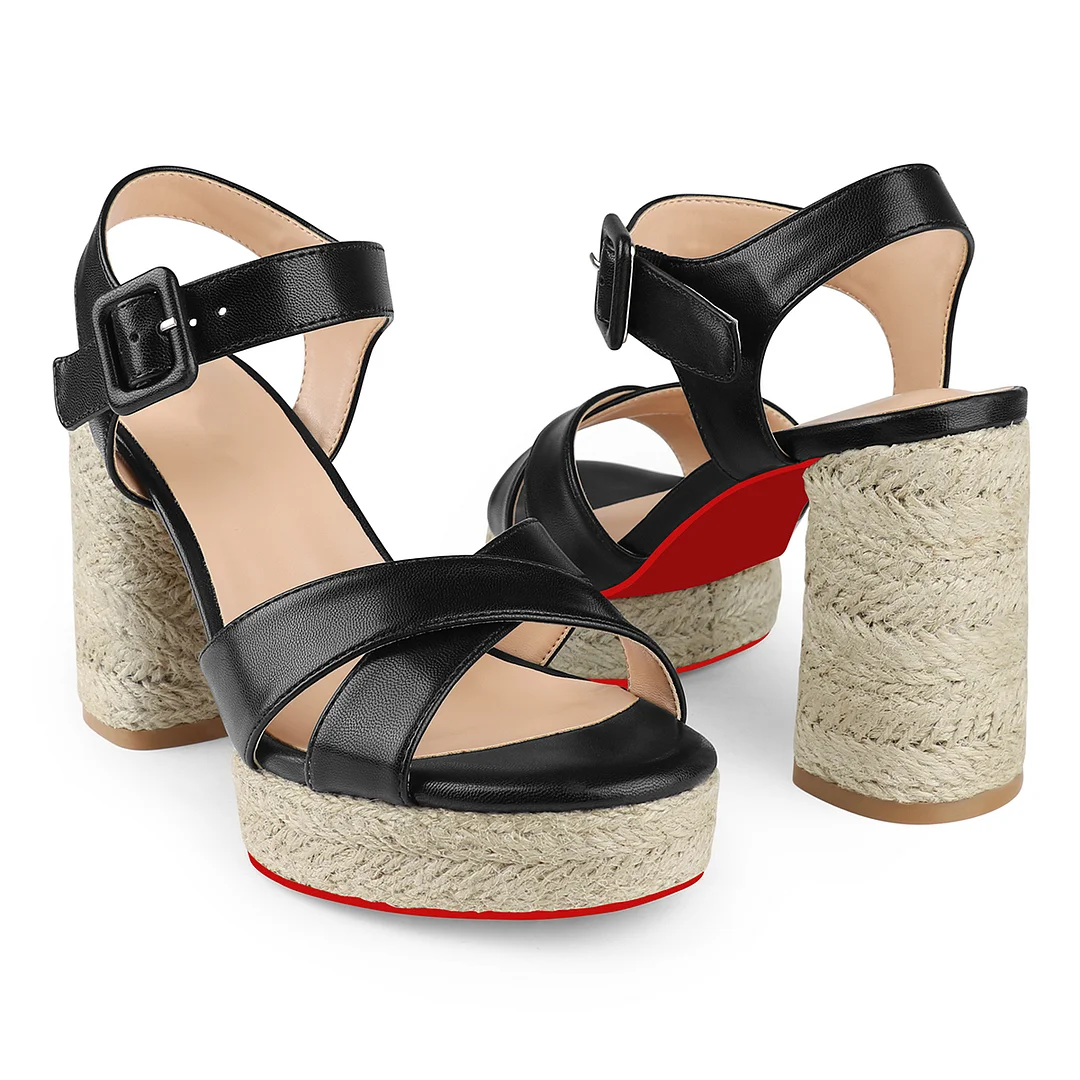 95mm Espadrille Platform High Heels for Women Ankle Strap Chunky Red Bottom Sandals-MERUMOTE
