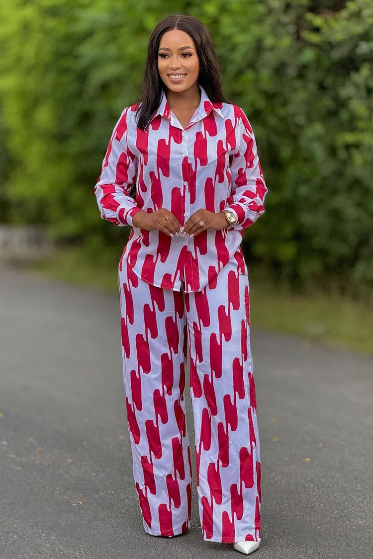 Abstract Print Long Sleeve Blouse Straight Leg Pants 2pcs Set-Red