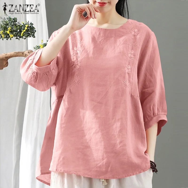 ZANZEA Women Vintage 3/4 Sleeve Cotton Tops Elegant Floral Shirt Casual Solid Work Blusas Oversize Summer Embroidery Blouse