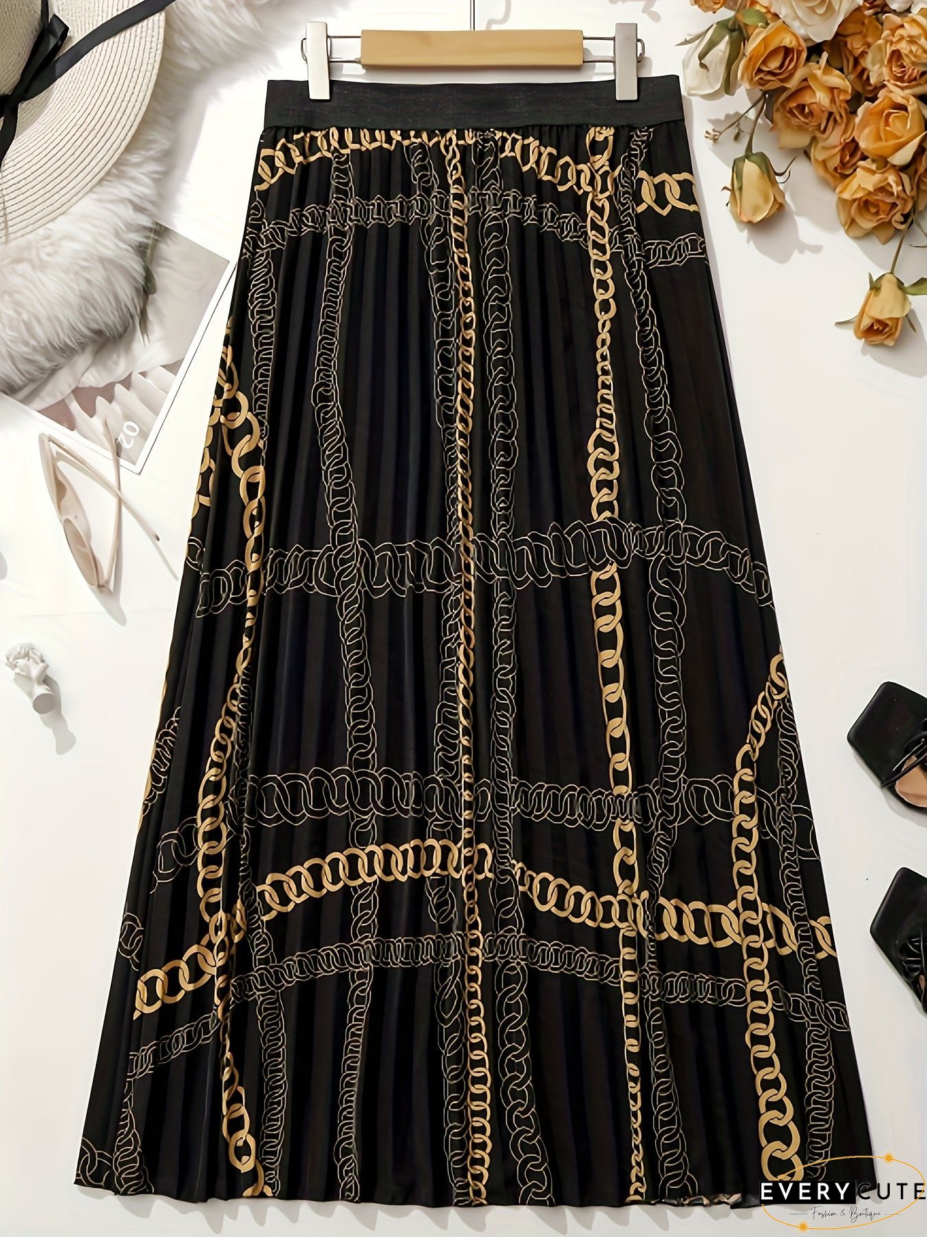 Plus Size Elegant Skirt, Women's Plus Baroque Print Slight Stretch Contrast Tape Pleated Maxi Skirt