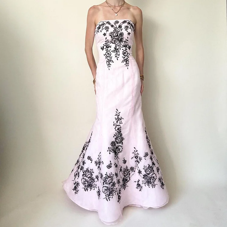 Pink Exquisite Floral Long Tulle Prom Dress Graduation Dress